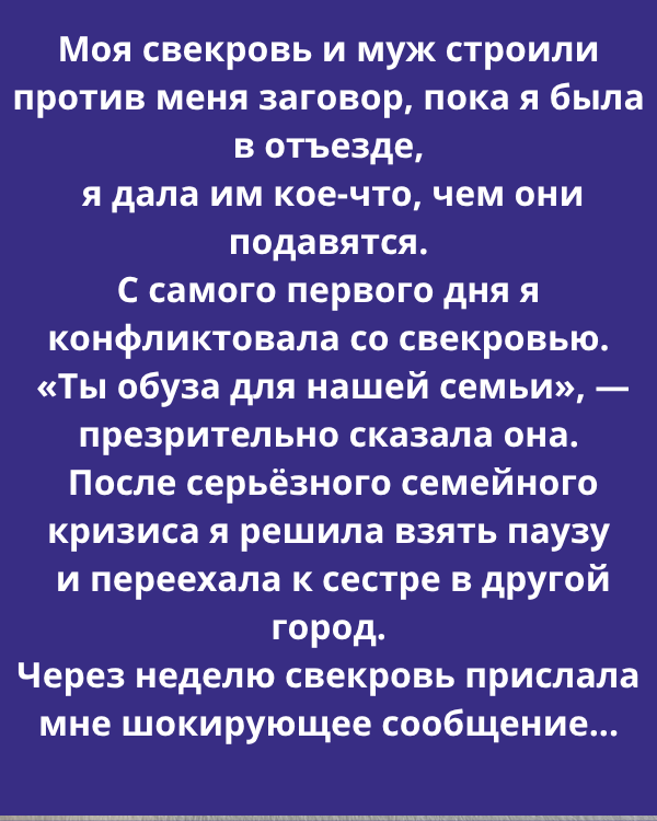 Моя свекровь и муж строили против меня заговор, пока я была в отъезде, я дала им кое-что, чем они подавятся